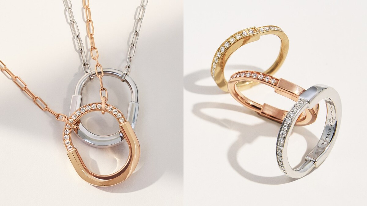 Tiffany &Co. 蒂芙尼以頂級美鑽為Lock系列新款注入璀璨光芒,同時推出大小各異的豐富尺寸選擇。(左)Tiffany Lock 18K玫瑰金鑲鑽項鍊,Tiffany Lock 18K白金項鍊。(右)Tiffany Lock 18K金舖鑲鑽石戒指,18K玫瑰金鑲鑽戒指,18K白金鑲鑽戒指。