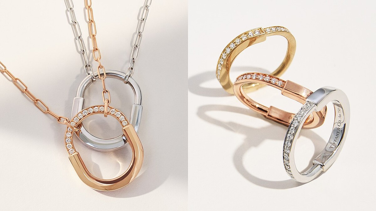 Tiffany &Co. 蒂芙尼以頂級美鑽為Lock系列新款注入璀璨光芒,同時推出大小各異的豐富尺寸選擇。(左)Tiffany Lock 18K玫瑰金鑲鑽項鍊,Tiffany Lock 18K白金項鍊。(右)Tiffany Lock 18K金舖鑲鑽石戒指,18K玫瑰金鑲鑽戒指,18K白金鑲鑽戒指。