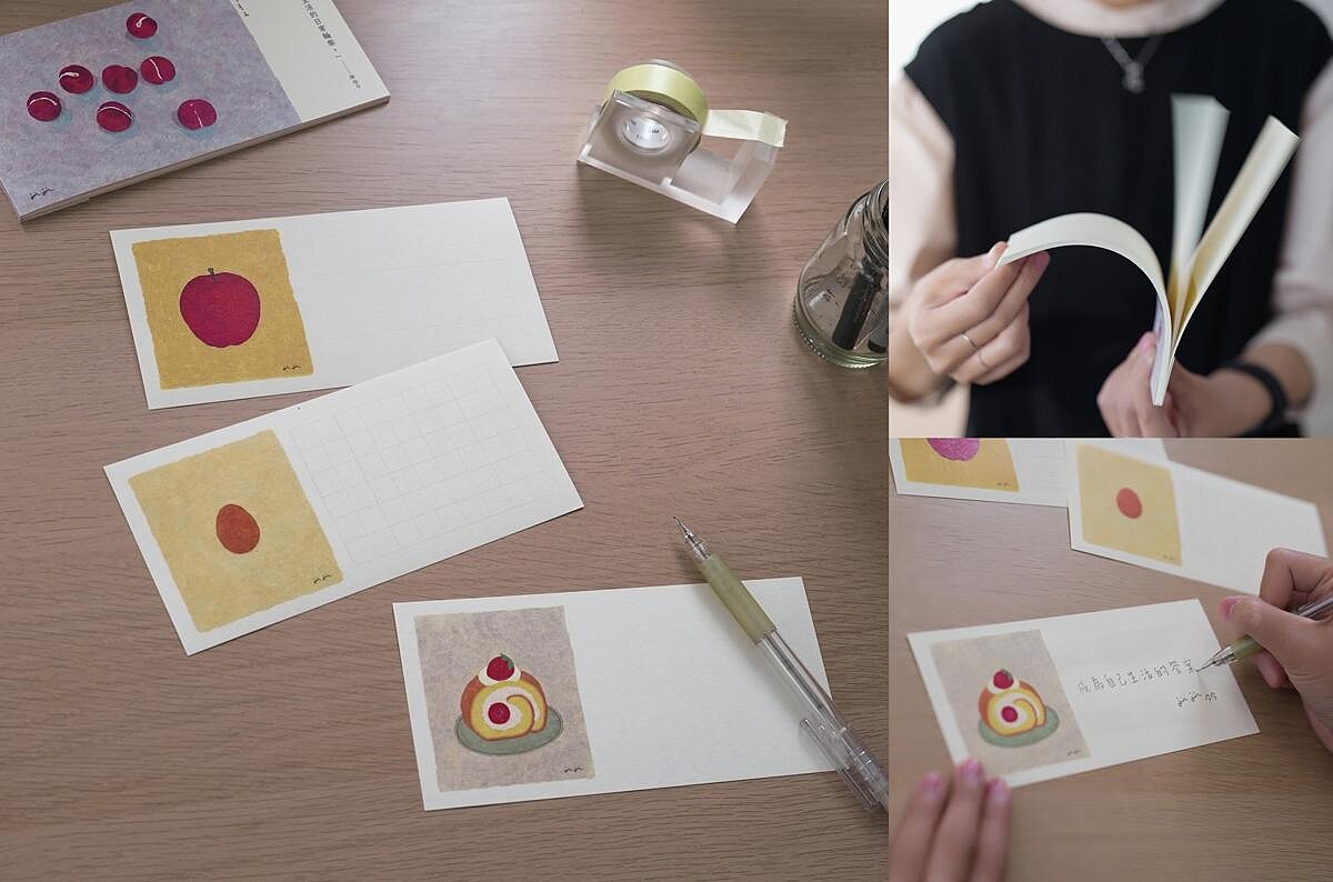 《物件是生活的日常輪廓》一筆箋，收錄土雞蛋、蘋果、草莓蛋糕三款圖像。並有空白、線條及方格三款格式。