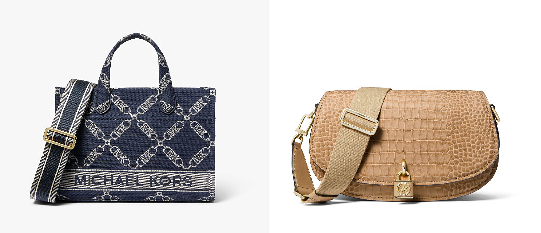 Gigi Empire深丹寧緹花小型托特包，NTD15,600、Mila駝色鱷魚壓紋皮革中型肩背包，NT21,800。
