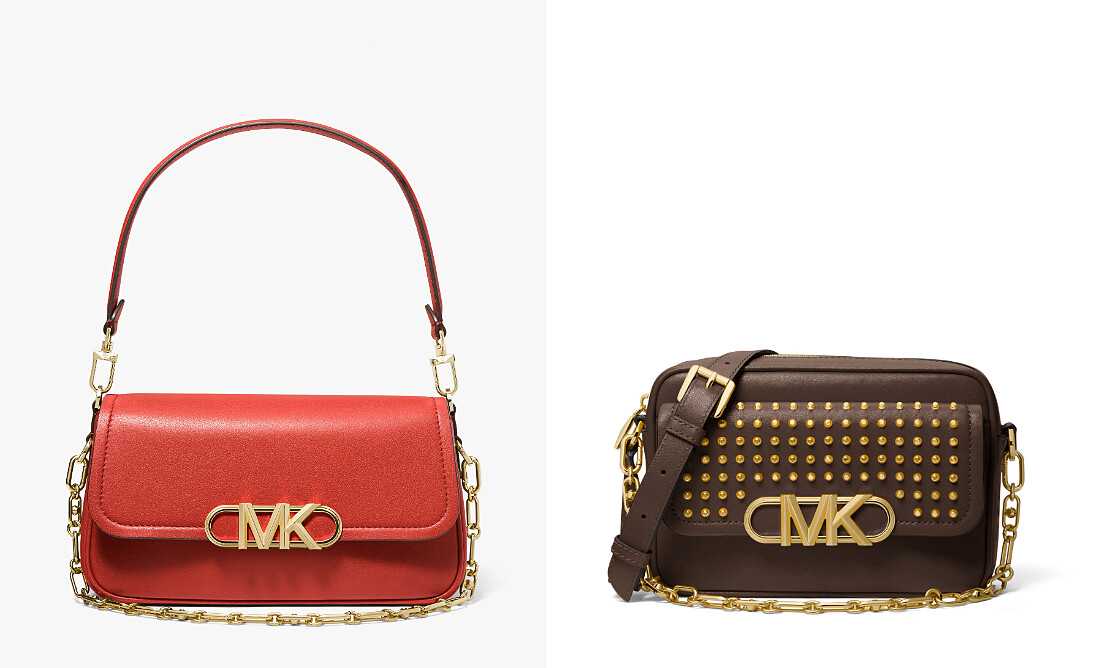 Astor巧克力色鉚釘經典側背包，NT29,300 、Chantal米色老花拼接中型手提包附肩帶，NT18,800。