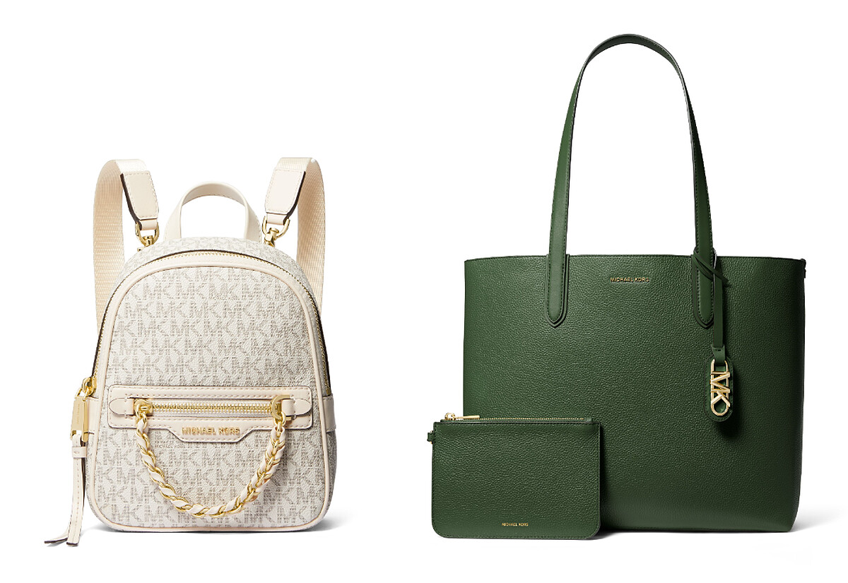 Elliot米色老花迷你後背包，NT16,100、Eliza森林綠特大型雙面用托特包附內袋，NT21,800。