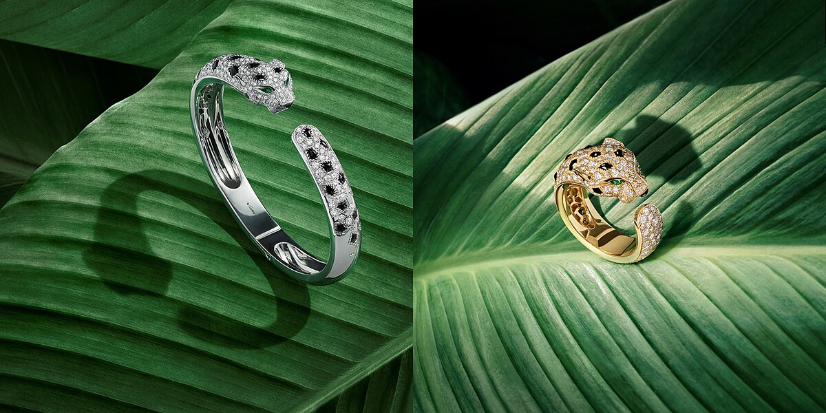 La Panth&egrave;re de Cartier白K金鋪鑽項鍊、 La Panth&egrave;re de Cartier黃K金鋪鑽戒指。