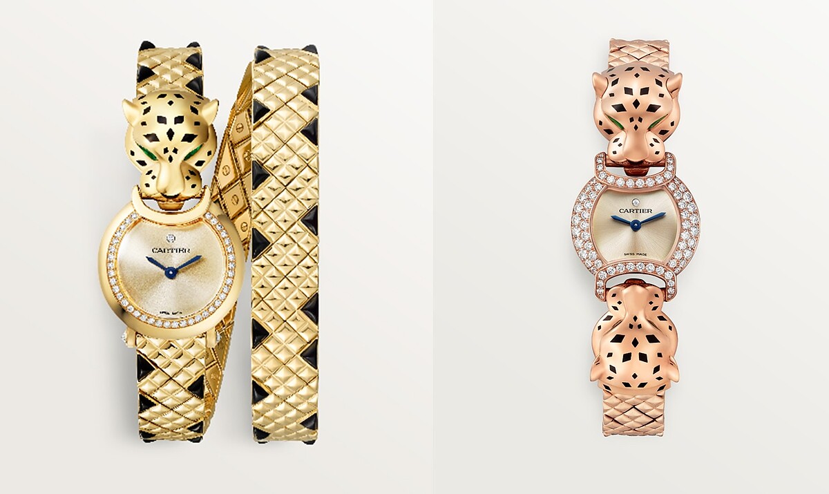 La Panth&egrave;re雙圈黃K金高級珠寶腕錶 (黃K金、石英機芯)，La Panth&egrave;re雙獸首腕錶(玫瑰金、石英機芯)。