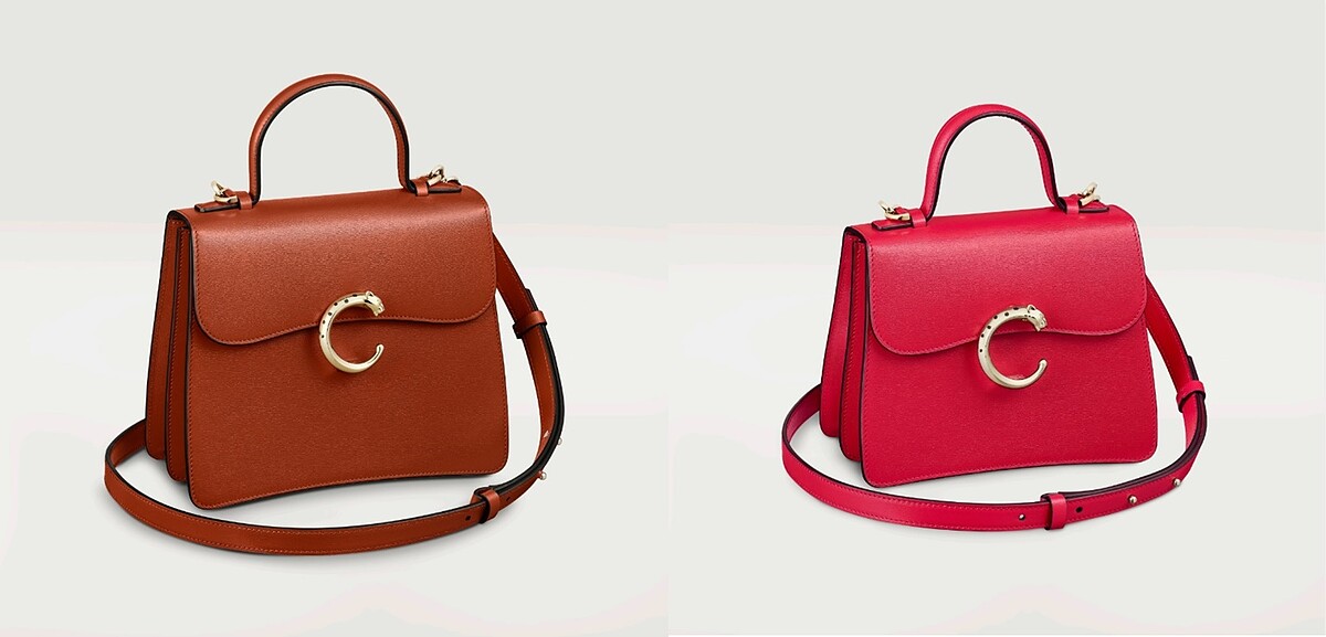 Panthere C de Cartier新品栗棕色手提包(小型款)、新品罌粟紅手提包(小型款)。
