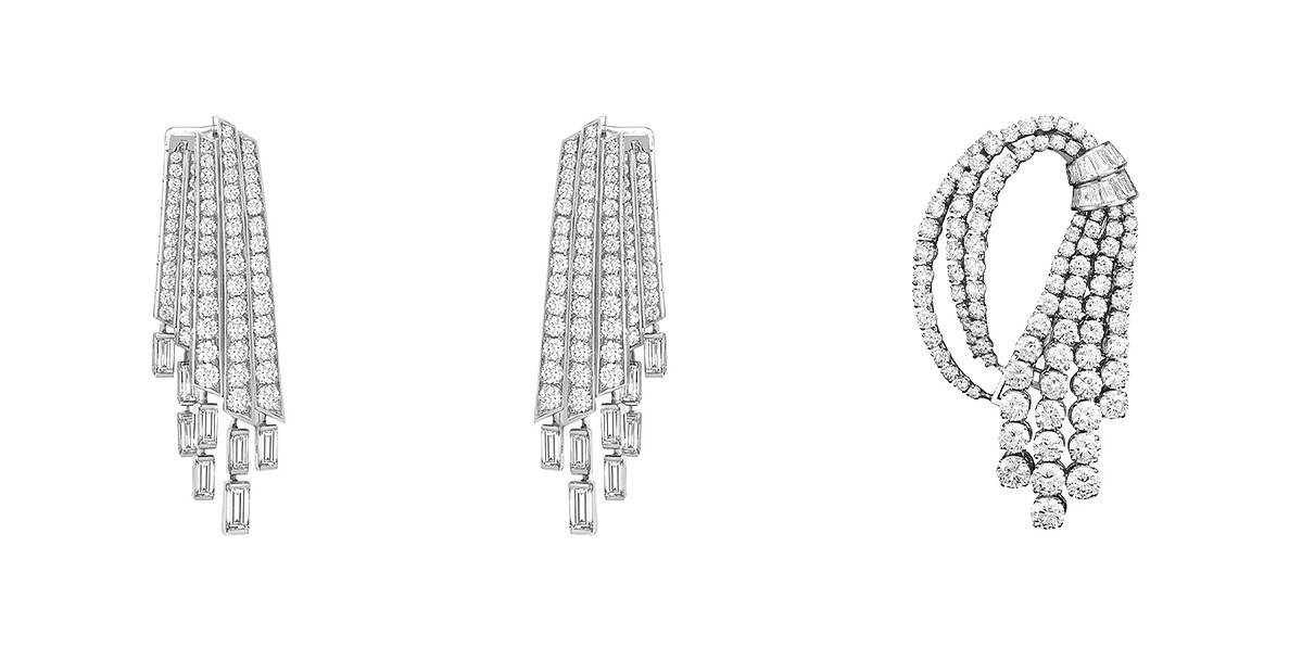 Cascades de diamants耳環，白K金、鑽石；Cascade胸針，創作於1950年。