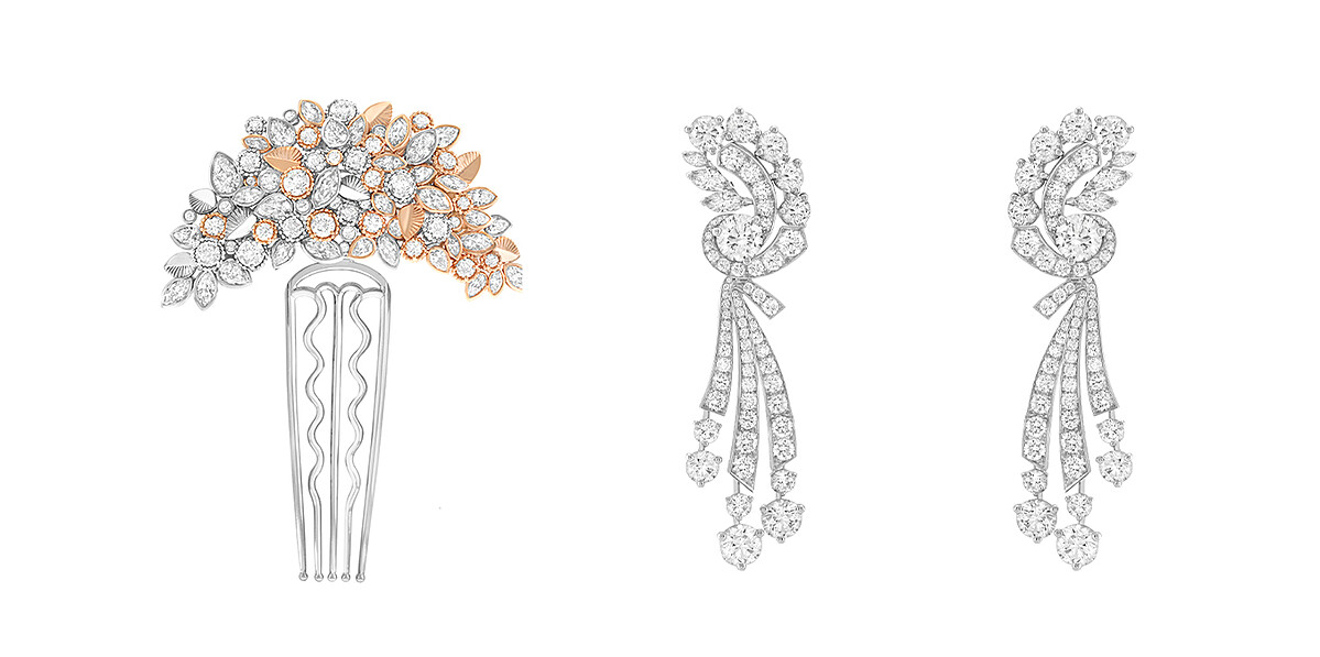 Feuillage de diamants可轉換式胸針，亦可作為髮夾，白K金、玫瑰金、鑽石；Vagues pr&eacute;cieuses 耳環連可拆卸式吊墜，白K金、鑽石。