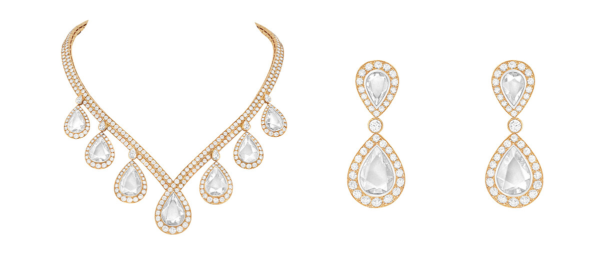 Roseraie項鍊及耳環，創作於西元1984年，鉑金、黃K金、鑽石，Heritage典藏系列。