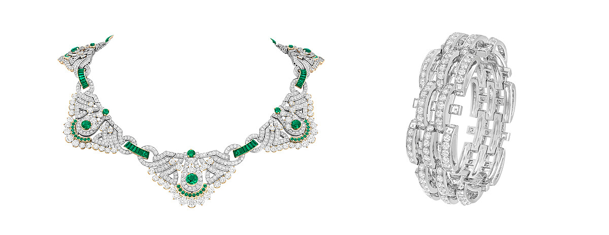 Golden Age項鍊，白K金、黃K金、祖母綠與鑽石；Damita 手鍊，白K金、鑽石。 Chrysler耳環，白K金、鑽石；Entrelacement de鑽石手環。