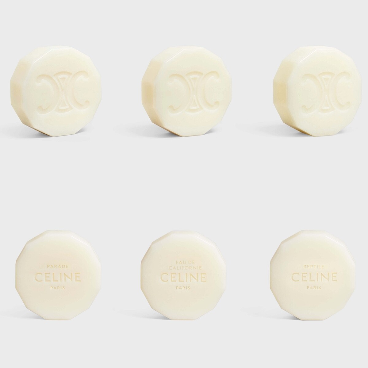CELINE香氛皂背面刻有香調,由左至右為PARADE、EAU DE CALIFORNIE、REPTILE。