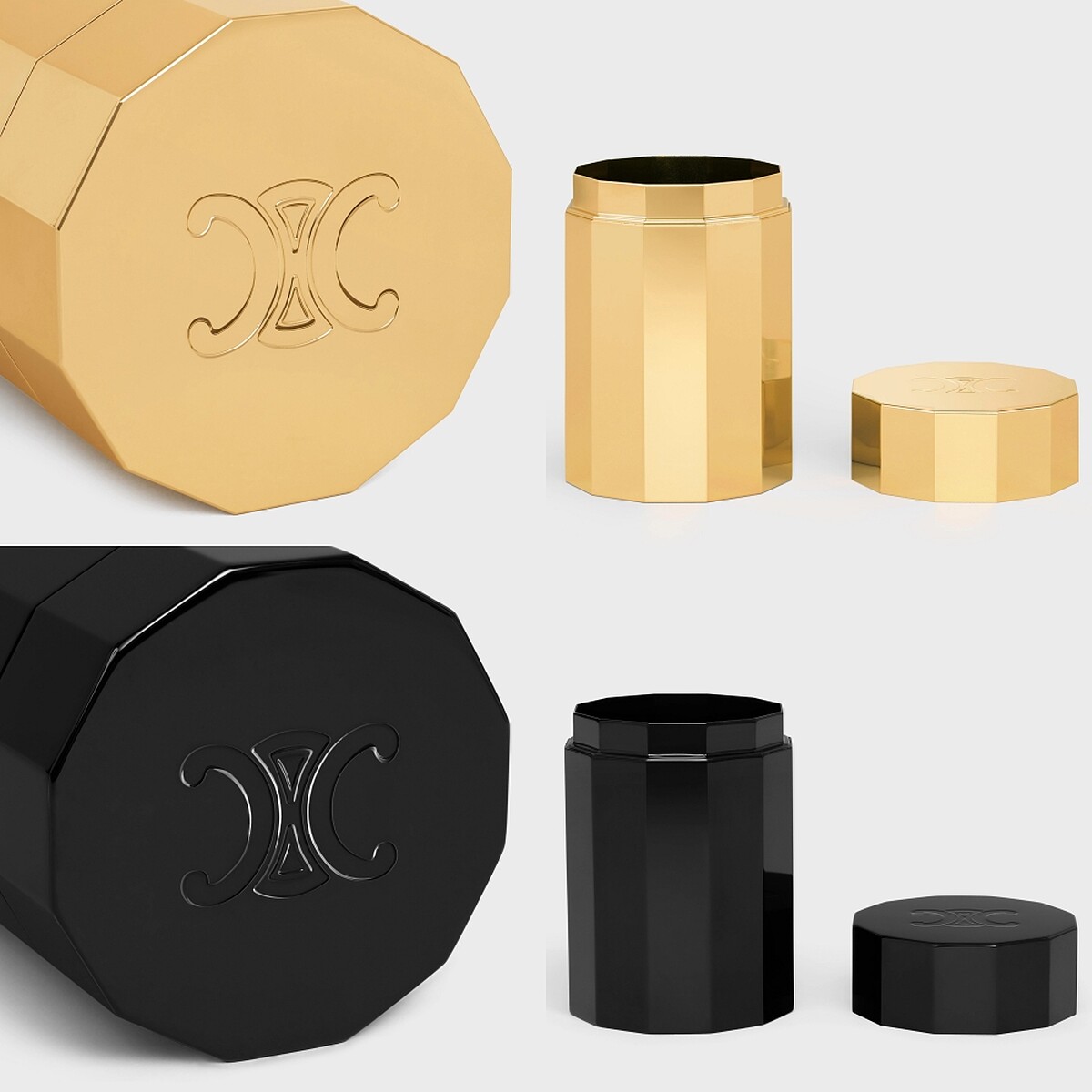 CELINE金色飾面鋁質化妝棉罐,NT14,000、黝黑色鋁質化妝棉罐,NT14,000