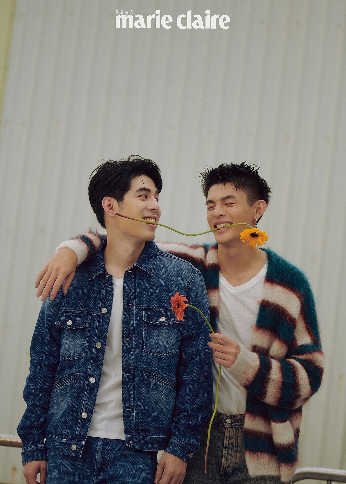 詹懷雲：丹寧印花套裝，Isabel Marant。邱以太：條紋馬海毛針織衫，Isabel Marant；刷色丹寧褲，Sandro。