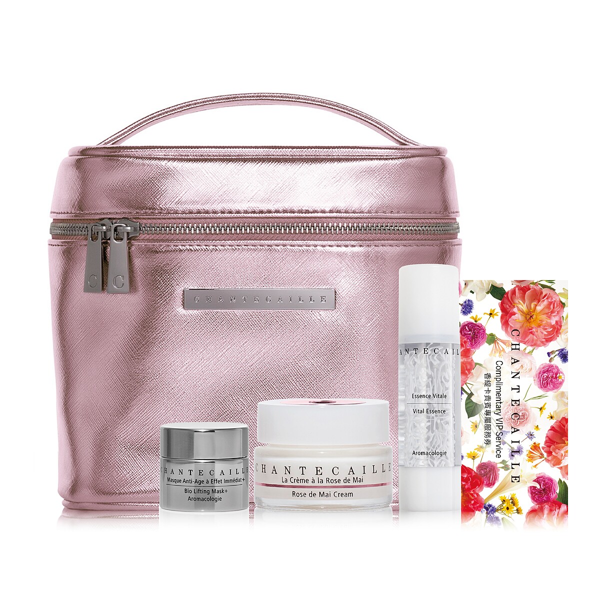 香緹卡「活膚精華買1送4組」內容包含：花妍活膚精華液 50ml、五月玫瑰花妍乳霜 15ml、鑽石級面膜 升級版 5ml、瞬效花妍臉部護理體驗(30分鐘)、玫瑰方形化妝包，價值NT$10,085 特價NT$4,650（46折，現省NT$5,435）。