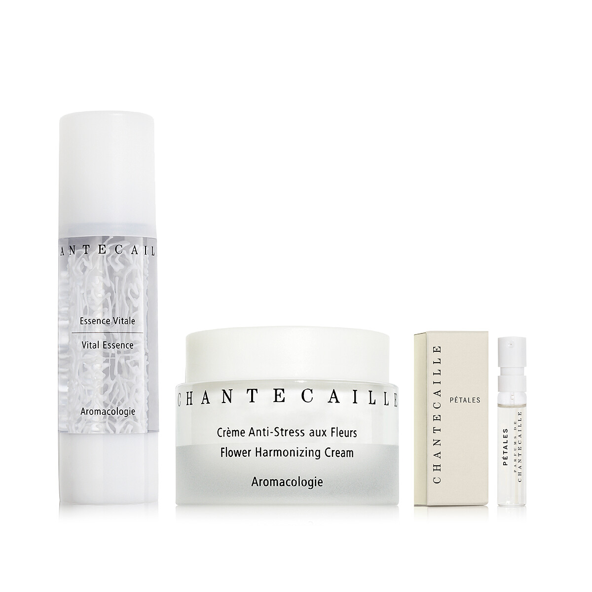 香緹卡「亮顏雙效保濕組」內容包含：花妍活膚精華液50ml、花妍調理保溼霜 50ml、仲夏派對淡香精 2ml，價值NT$9,400 特價NT$8,000（85折 現省NT$1,400）。