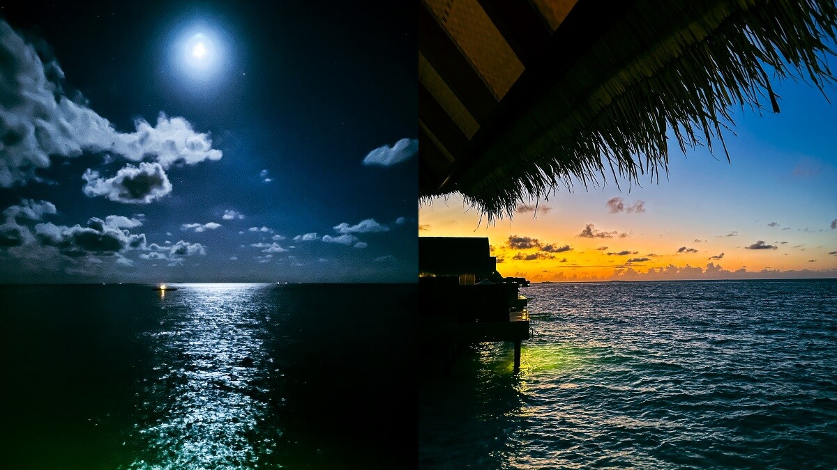 左為日式餐廳Saoke「月光海」晚餐，右為水上屋夕陽景色