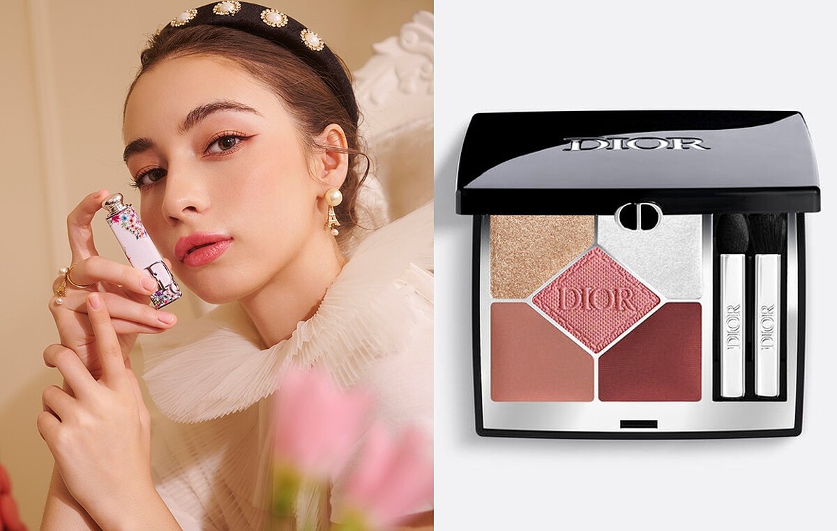 MODEL彩妝使用／迪奧經典五色眼影＃843【官網獨賣】、迪奧癮誘唇膏＃682與愛戀花語限量外殼。