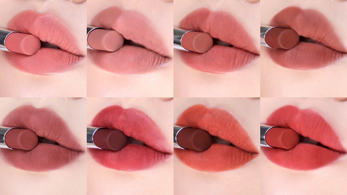 M.A.C超鎖吻霧感唇膏主打色唇部試色，上排左起為#60、#61、#67、#69，下排左起為#79、#85、#95、#99。