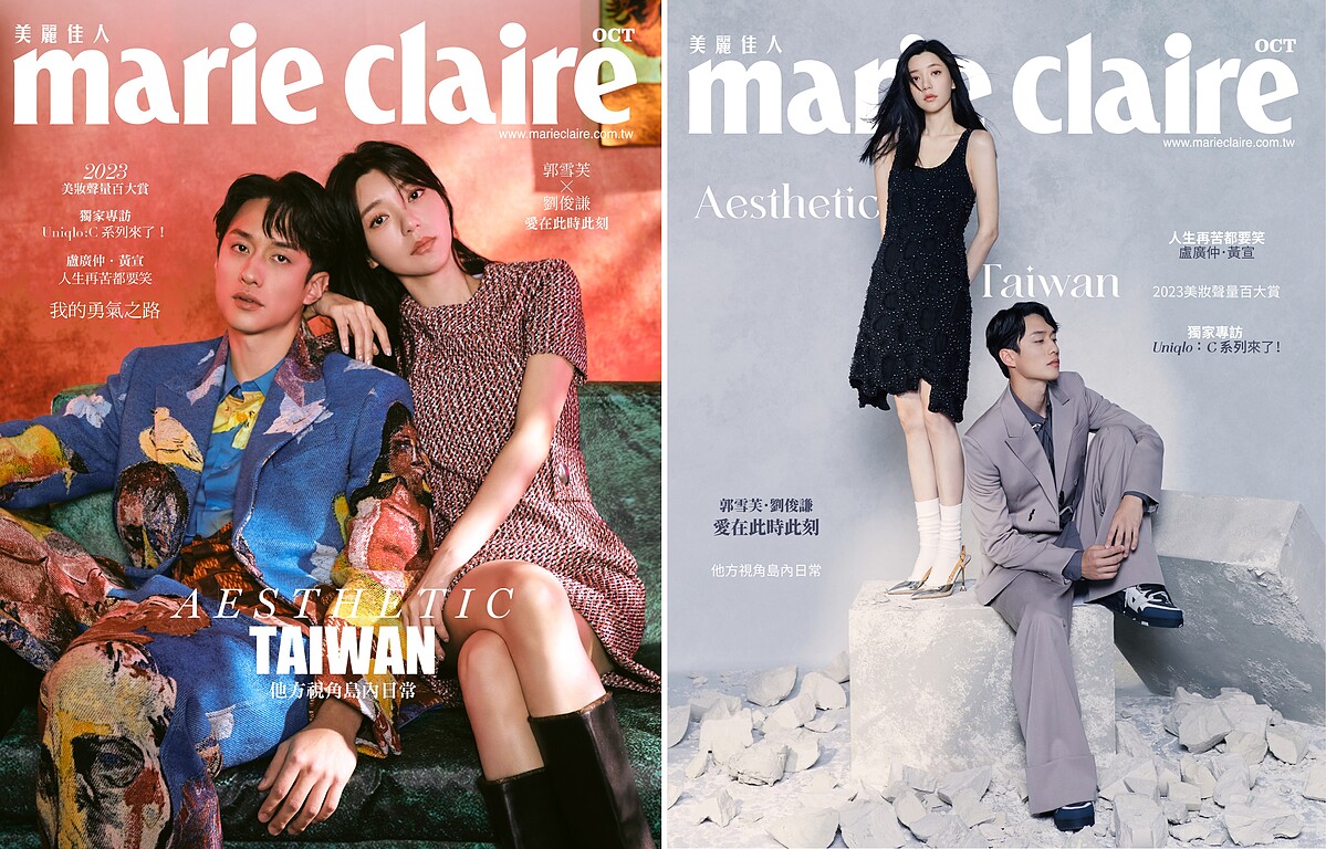 (左)劉俊謙/印花西裝外套、印花襯衫、印花西裝長褲,all by Louis Vuitton。郭雪芙/紅色連身洋裝、黑色皮長靴,both by Louis Vuitton。(右)郭雪芙/黑色連身洋裝、金色高跟鞋,both by Louis Vuitton。劉俊謙/灰色西裝外套、灰色襯衫、灰色西裝長褲、灰色低筒球鞋,all by Louis Vuitton。