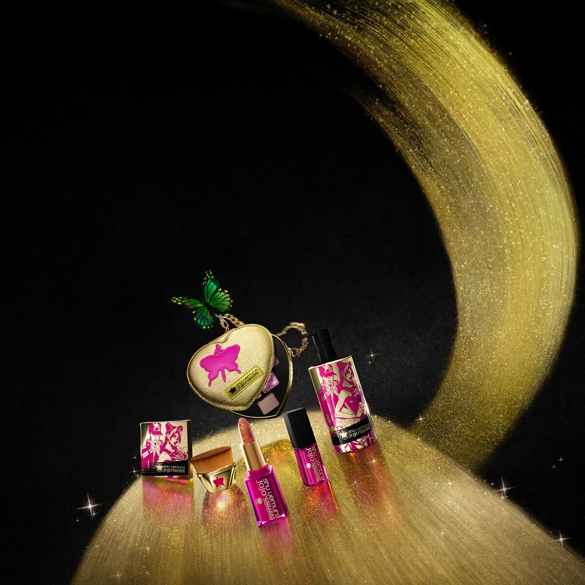 shu uemura X JOJO的奇妙冒險限量聯名彩妝系列產品主視覺。