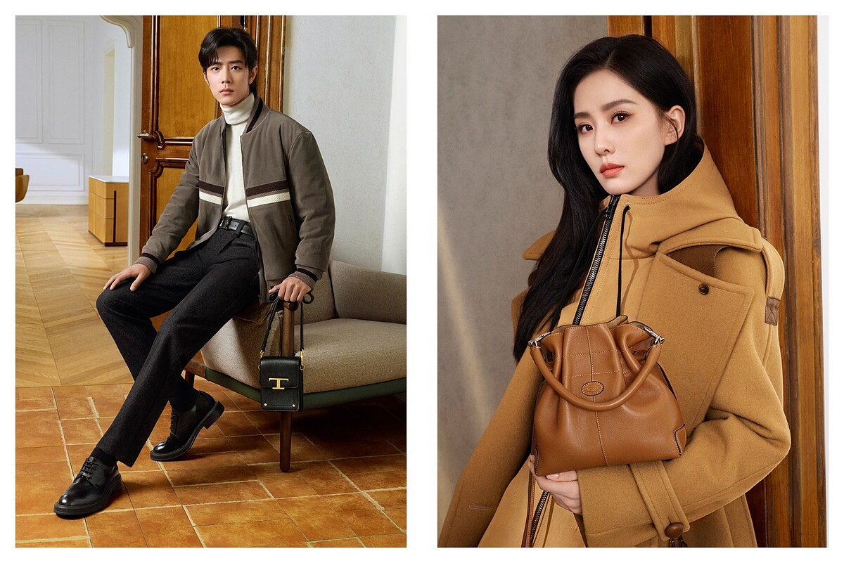 男星肖戰（左起）與女星劉詩詩，演繹工藝世家品牌TOD&rsquo;S的義式風格。 (左起)TOD'S麂皮條紋短版夾克，NT136,900、TOD&rsquo;S針織高領上衣，NT28,900、TOD&rsquo;S駝色羊毛長大衣，NT148,900、TOD'S駝色拉鍊連帽外套，NT75,900。