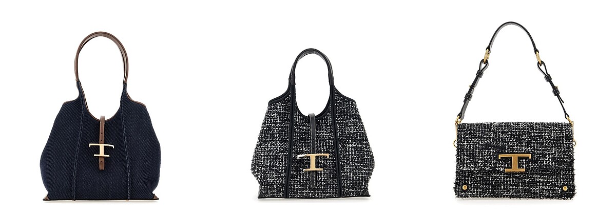 (左起)TOD&rsquo;S T Timeless丹寧托特包（NT69,900）、TOD&rsquo;S T Timeless織呢托特包（NT69,900）、TOD&rsquo;S T Timeless織呢風琴包（NT79,900）