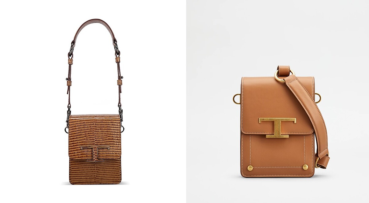 （左起）TOD&rsquo;S T Timeless小牛皮材質壓印成蜥蜴皮紋迷你直式風琴包（NT$89,900）、TOD&rsquo;S T Timeless淺棕皮革迷你直式風琴包（NT$70,900）