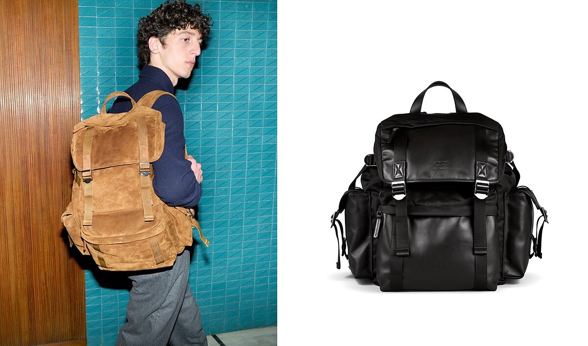 （左起）TOD&rsquo;S TRK棕色麂皮拼接皮革後背包（NT$99,900）、TOD&rsquo;S TRK黑色皮革拼接尼龍後背包（NT$69,900）