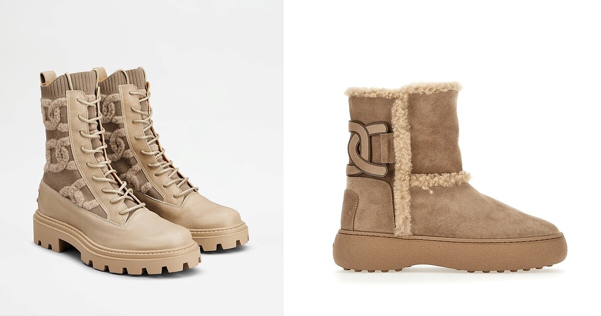 (左起)TOD&rsquo;S 針織Kate紋飾短靴（NT$36,500）、TOD&rsquo;S 駝色Kate短筒休閒靴（NT$37,100）