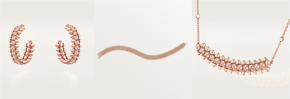 CLASH DE CARTIER 玫瑰金鋪鑲耳環、玫瑰金鋪鑲雙圈手鍊、玫瑰金鋪鑲項鍊。