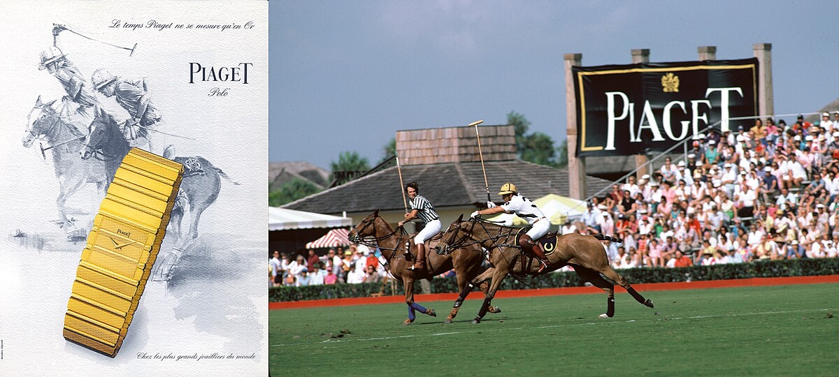 1986年伯爵PIAGET Polo系列腕錶廣告；品牌鼎力贊助佛羅里達州西棕櫚灘馬球場舉辦的馬球世界杯