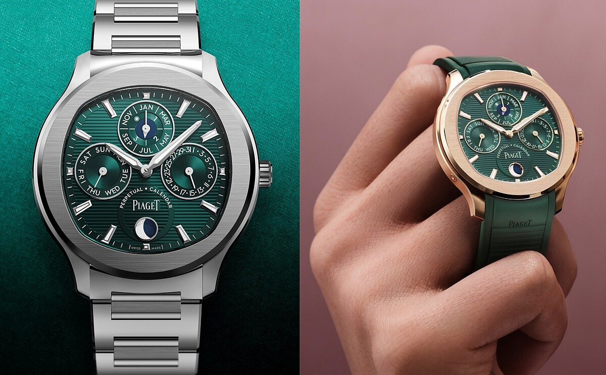 PIAGET Polo礦石綠超薄萬年曆自動腕錶，42毫米錶徑，搭載伯爵自製 1255P 自動上鍊機芯，精鋼材質建議售價新台幣$1,890,000元，玫瑰金材質建議售價新台幣$2,420,000元