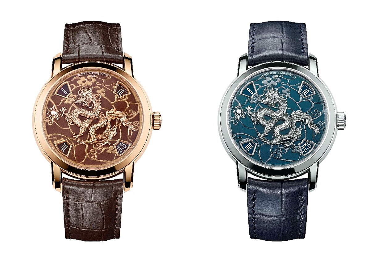 全新龍年腕錶分別推出18K 5N粉紅金搭配棕色大明火琺瑯（左）及950鉑金搭配深藍色大明火琺瑯（右）兩種色彩，錶徑尺寸40毫米，2款腕錶限量發行各25枚