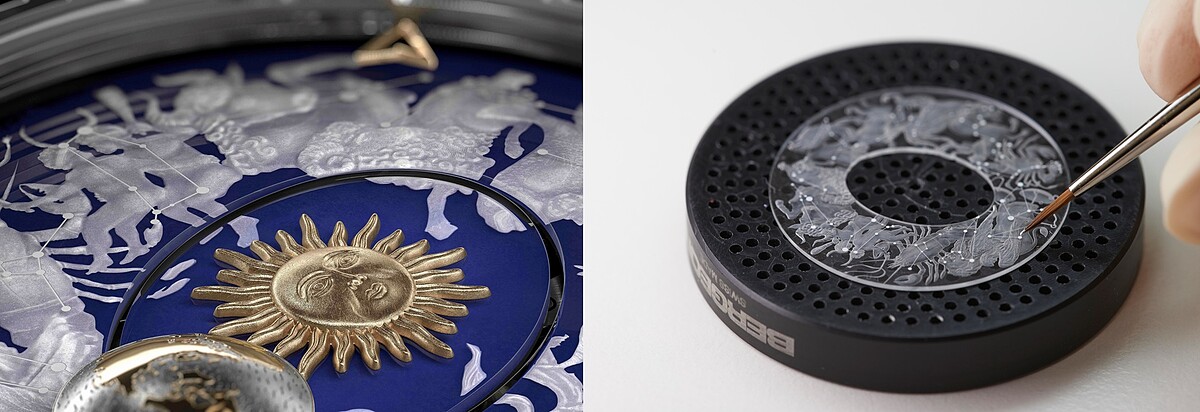 江詩丹頓運用創新鐳射雕刻技術繪製星座圖案輪廓，而手繪的午夜藍下層錶盤則覆以背面飾有雕刻的透明藍寶石水晶