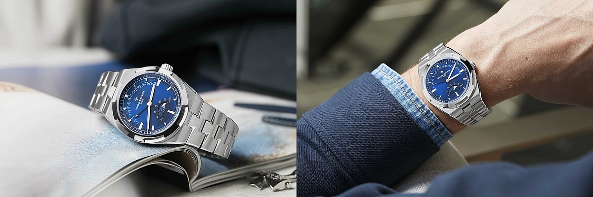 江詩丹頓Overseas月相逆跳日曆腕錶，41毫米錶徑，精鋼材質半透明藍色調漆面與旭日紋緞面拉絲錶盤，搭載獨家研發2460 R31L/2月相逆跳機芯