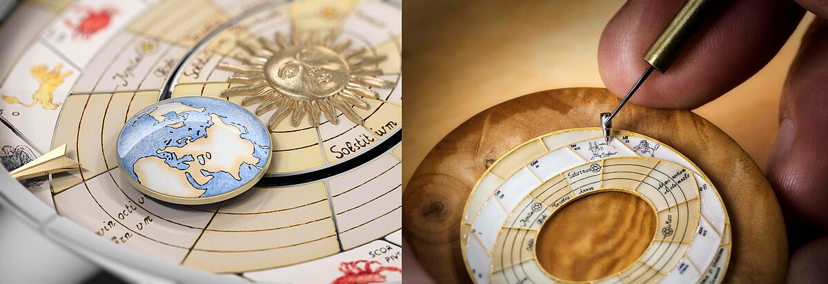 江詩丹頓的藝術大師從哥白尼天體地圖中汲取靈感，以大明火琺瑯藝術繪製出天體運行軌跡，錶盤外圈飾有12星座圖案。