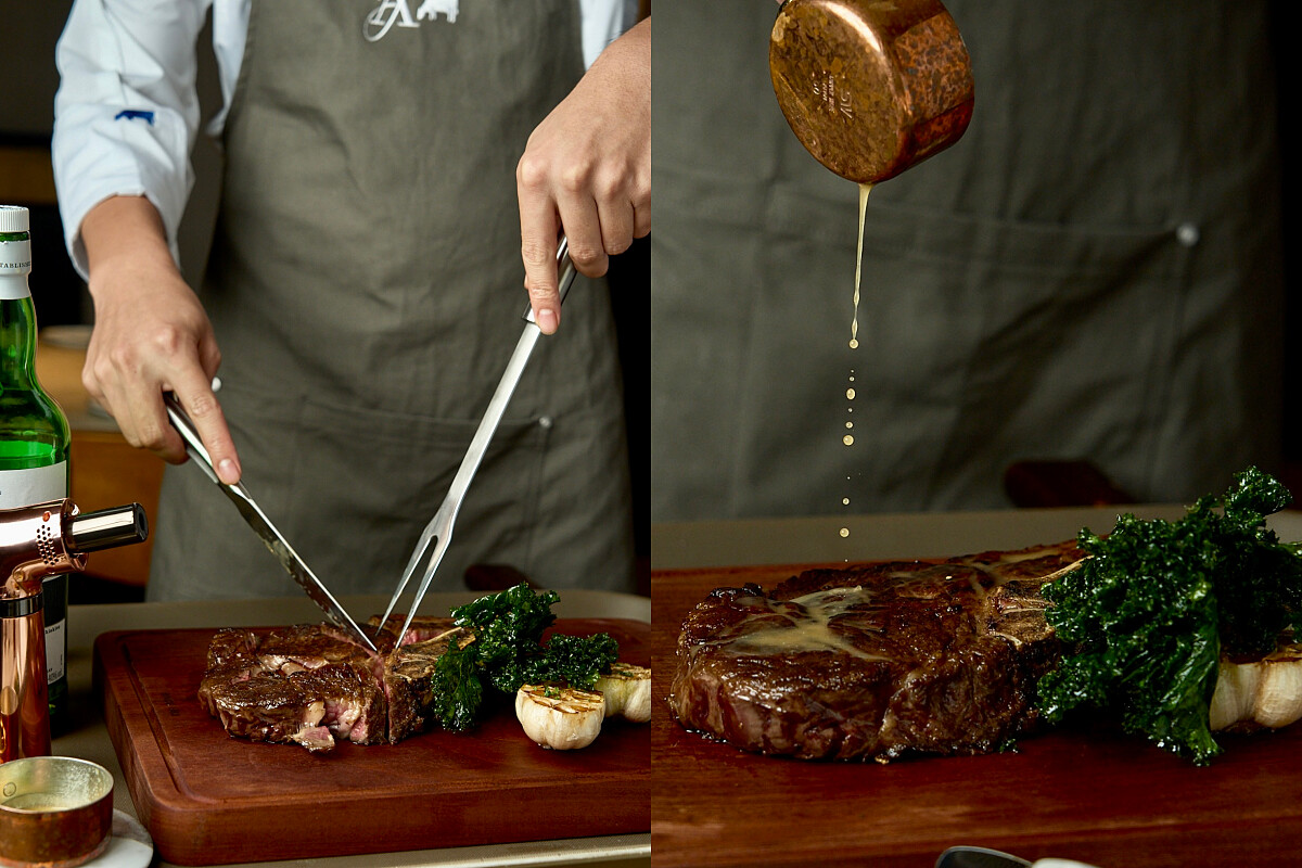 美國威士忌熟成帶骨肋眼牛排（兩人份），搭配上菜桌邊點火炙燒。