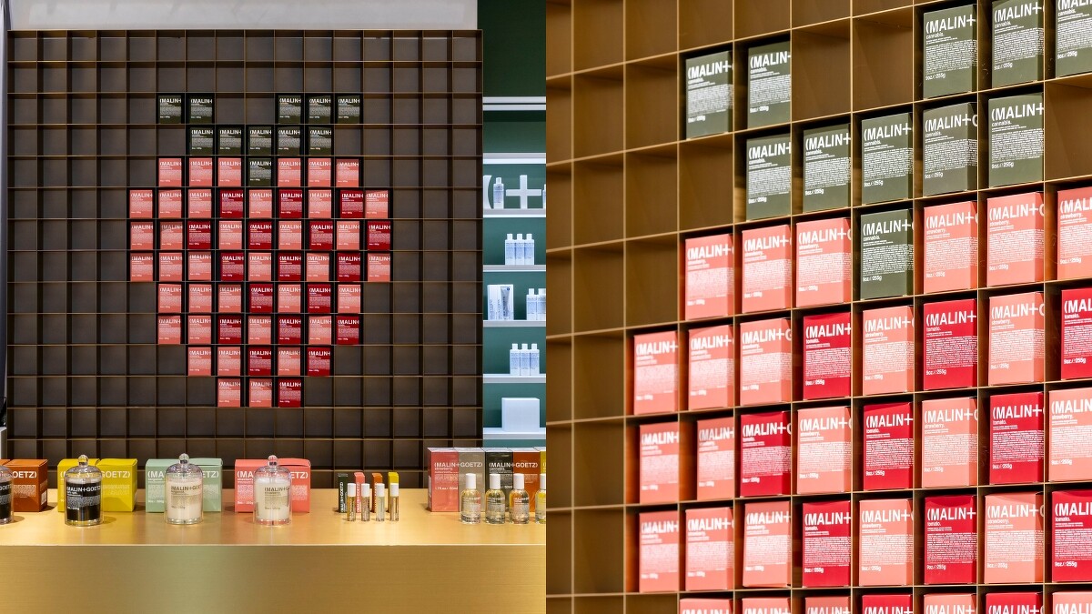 MALIN + GOETZ立體香氛燭盒打造出的草莓拼圖牆面。