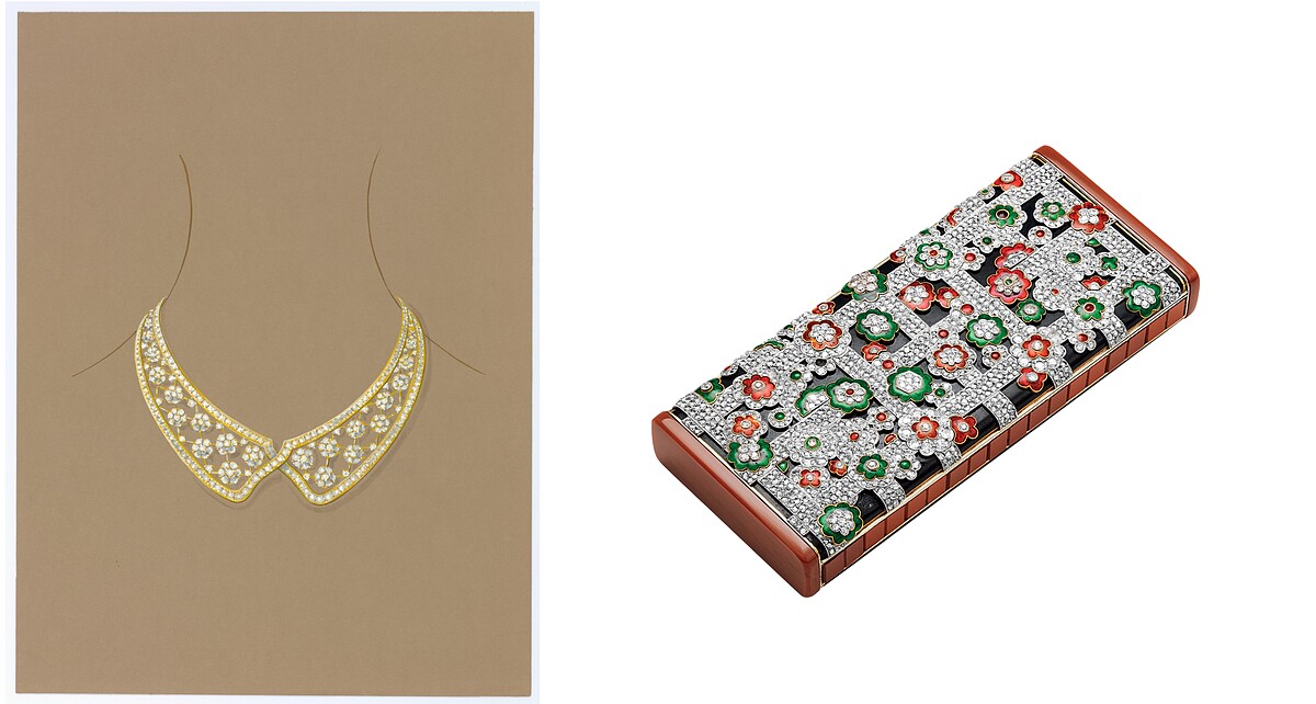 右:Millefiori化妝盒,1928年(白K金、黃K金、黑玉、琺瑯、鑽石) Van Cleef & Arpels Collection;左:項鍊繪圖,約1985年,Van Cleef & Arpels Archives