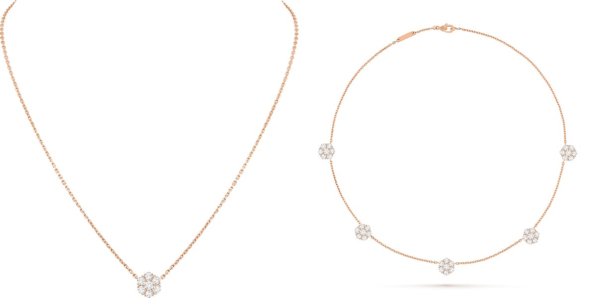 Fleurette吊墜(18K玫瑰金、鑽石),Fleurette項鍊(五朵花,18K玫瑰金、鑽石)。