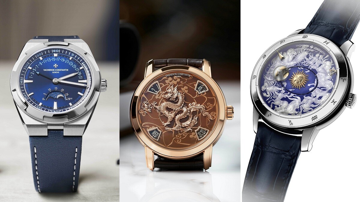 圖左到右:Overseas月相逆跳日曆腕錶-搭配藍色小牛皮錶帶,中國十二生肖傳奇之龍年腕錶-粉紅金款,哥白尼天體球2460 RT腕錶_藍寶石