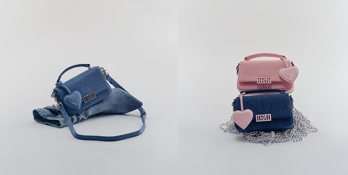 萊姆花心丹寧手提包(S)，NT$1,980；顏色：淺丹寧配銀/深丹寧配粉/粉色。