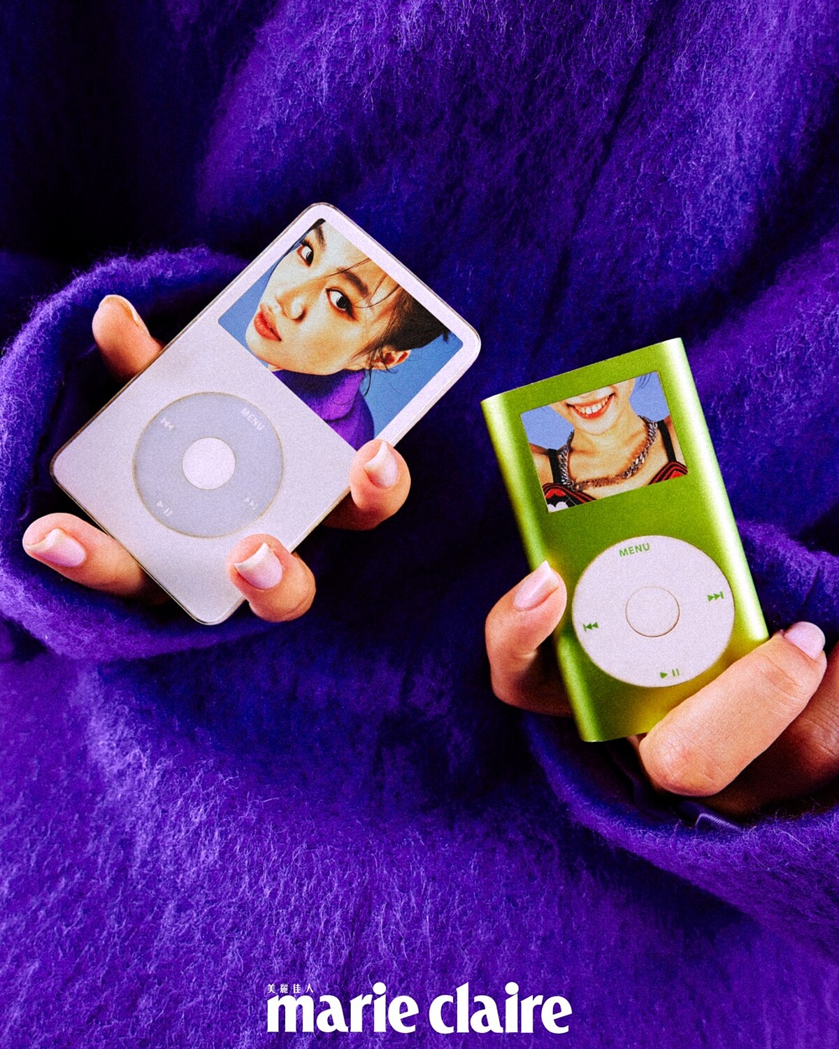 紫色Oversized西裝外套，MSGM；紫色透膚上衣、橘色透膚褲襪、米色尖頭跟鞋，Miu Miu。