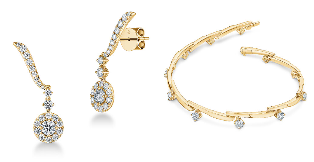 (左)HEARTS ON FIRE Vela 黃K金鑽石耳環、(右)HEARTS ON FIRE Vela Crossover 黃K金鑽石手鍊。
