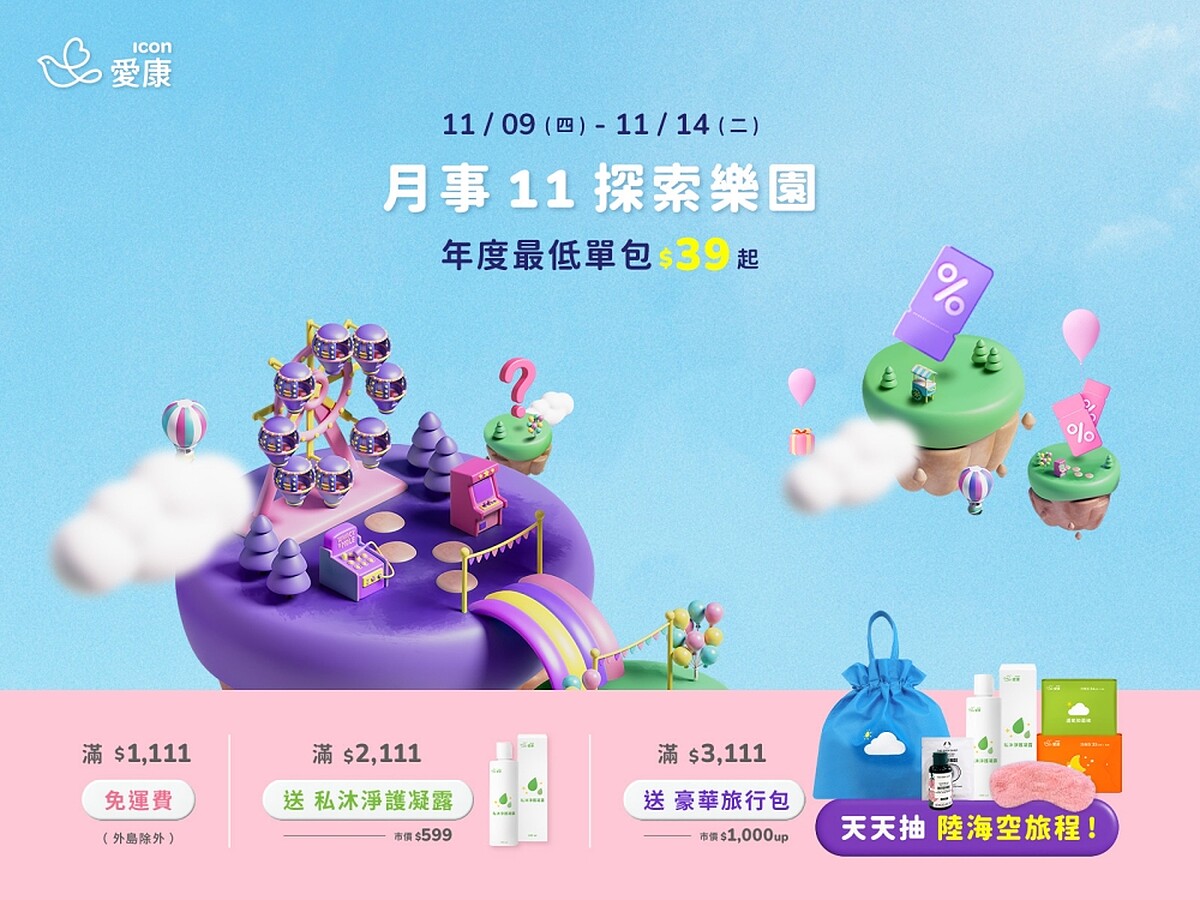 愛康「月事11探索樂園」雙11活動推出全系列品項下殺優惠，滿額再享限量豪華旅行包及陸海空旅程抽獎資格。