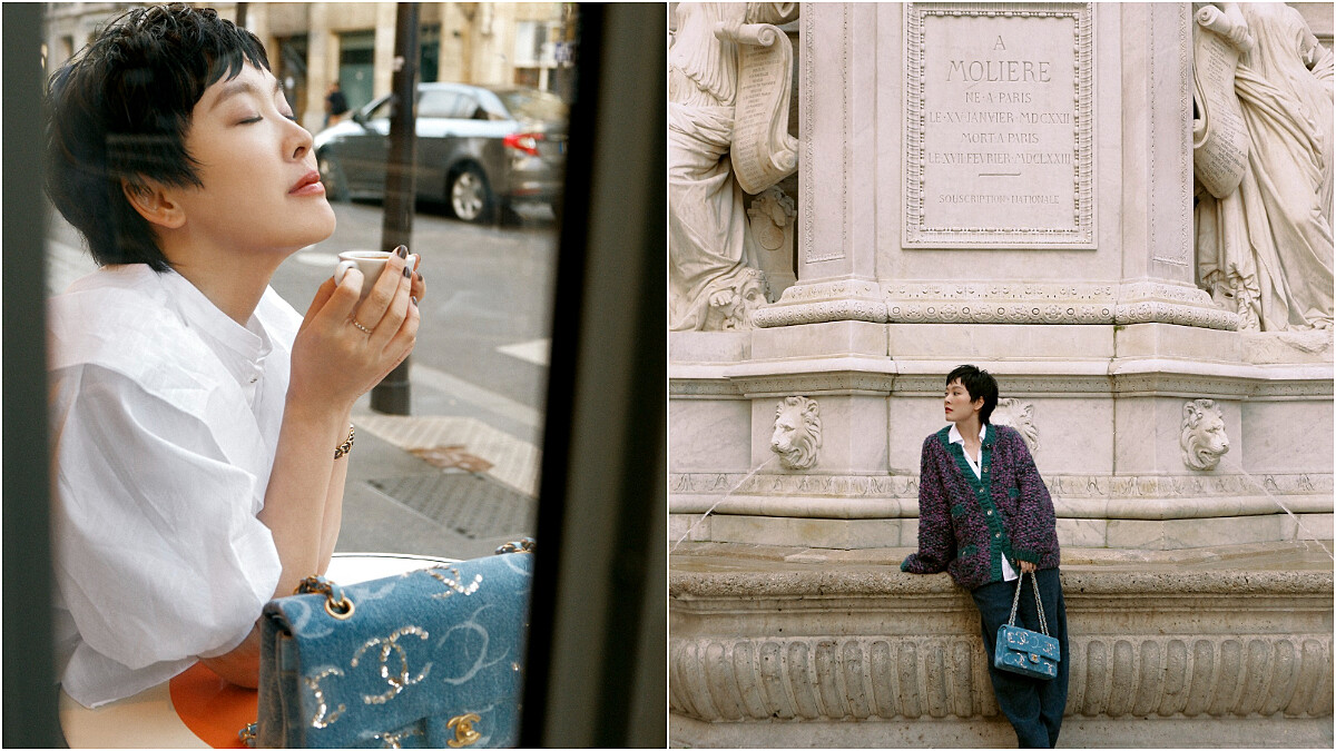 左／白色荷葉摺飾短袖襯衫、Premi&egrave;re原創款腕錶、Coco Crush窄版戒指、Coco Crush Toi et Moi戒指小型款，all by CHANEL；彩妝，CHANEL Beauty。右／紫色毛呢針織衫、雙C Logo丹寧口蓋包Premi&egrave;re原創款腕錶、Coco Crush窄版戒指、Coco Crush Toi et Moi戒指小型款，all by CHANEL；彩妝，CHANEL Beauty；白色襯衫、深色寬鬆長褲，導演私物。