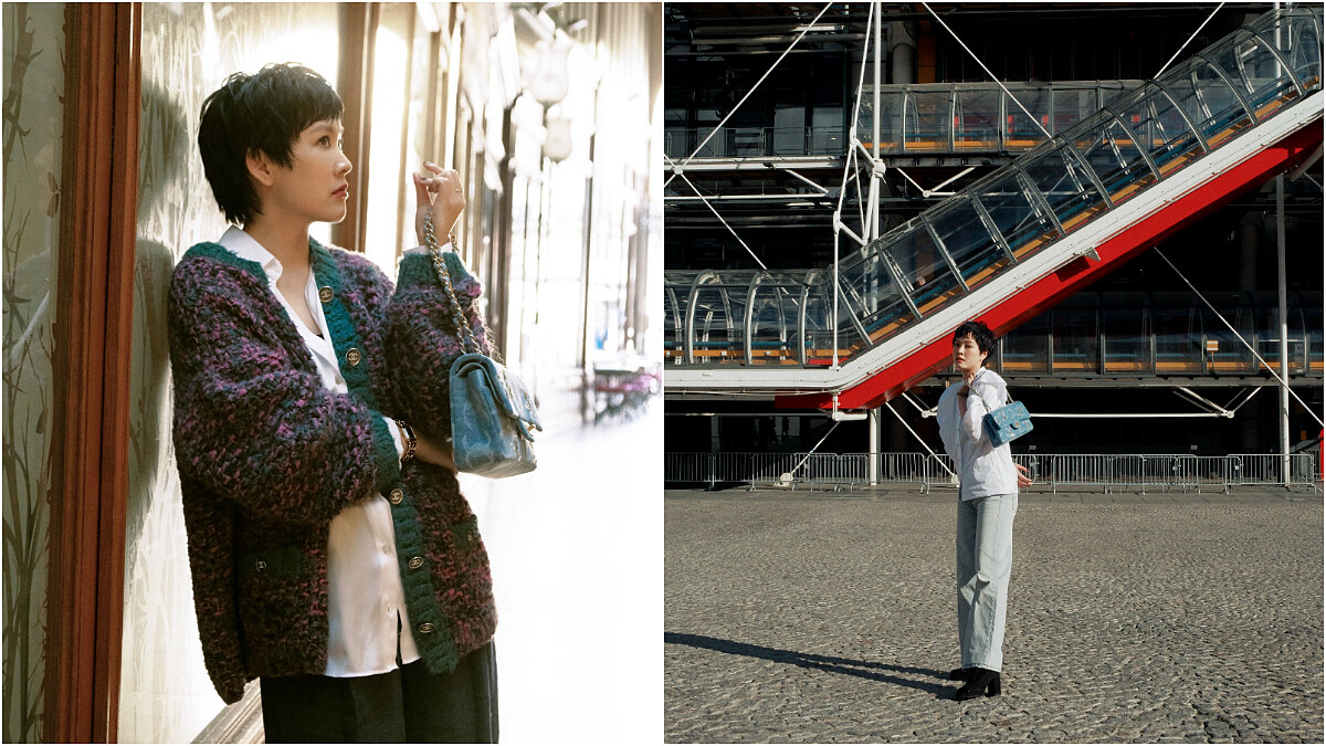 左／紫色毛呢針織衫、黑色粗跟踝靴、雙C Logo丹寧口蓋包Premi&egrave;re原創款腕錶、Coco Crush窄版戒指、Coco Crush Toi et Moi戒指小型款，all by CHANEL；彩妝，CHANEL Beauty；白色襯衫、深色寬鬆長褲，導演私物。右／白色荷葉摺飾短袖襯衫、黑色粗根踝靴、雙C Logo丹寧口蓋包、Premi&egrave;re原創款腕錶、Coco Crush窄版戒指、Coco Crush Toi et Moi戒指小型款，all by CHANEL；彩妝，CHANEL Beauty；丹寧長褲，導演私物。