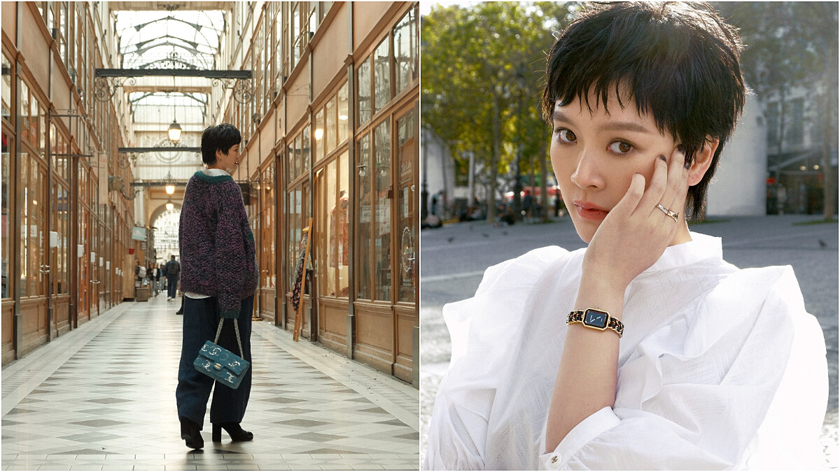 左／紫色毛呢針織衫、黑色粗跟踝靴、雙C Logo丹寧口蓋包Premi&egrave;re原創款腕錶、Coco Crush窄版戒指、Coco Crush Toi et Moi戒指小型款，all by CHANEL；彩妝，CHANEL Beauty；白色襯衫、深色寬鬆長褲，導演私物。右／白色荷葉摺飾短袖襯衫、Premi&egrave;re原創款腕錶、Coco Crush窄版戒指、Coco Crush Toi et Moi戒指小型款，all by CHANEL；彩妝，CHANEL Beauty。