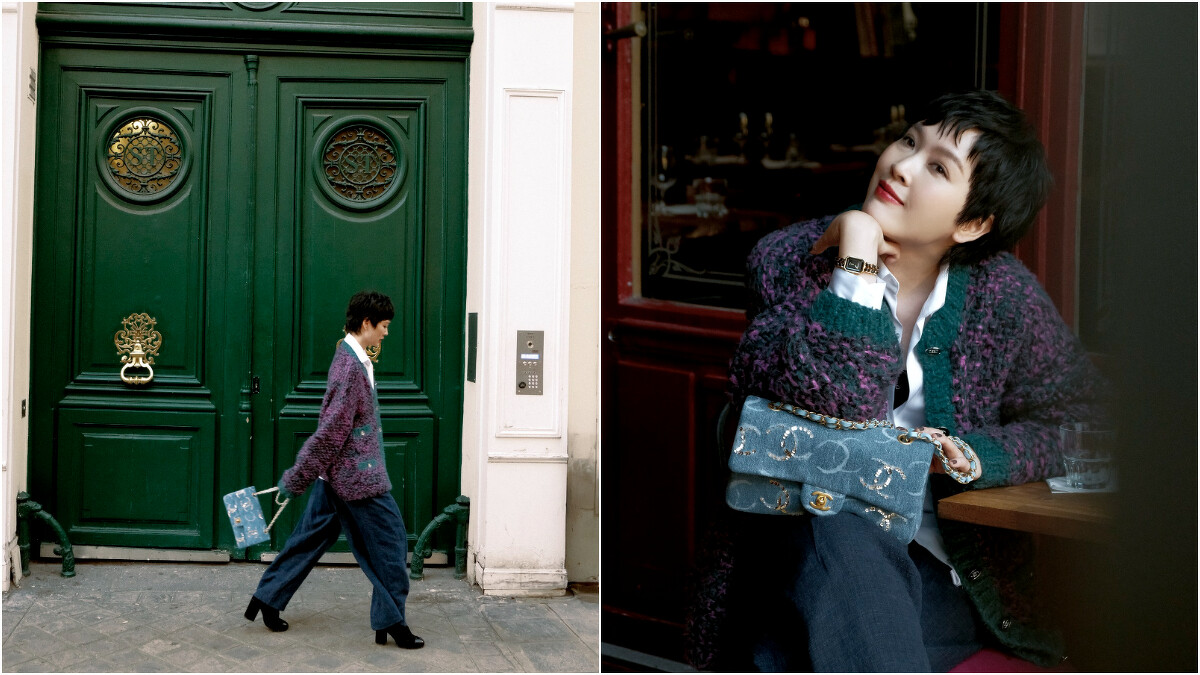 左、右／紫色毛呢針織衫、黑色粗跟踝靴、雙C Logo丹寧口蓋包Premi&egrave;re原創款腕錶、Coco Crush窄版戒指、Coco Crush Toi et Moi戒指小型款，all by CHANEL；彩妝，CHANEL Beauty；白色襯衫、深色寬鬆長褲，導演私物。