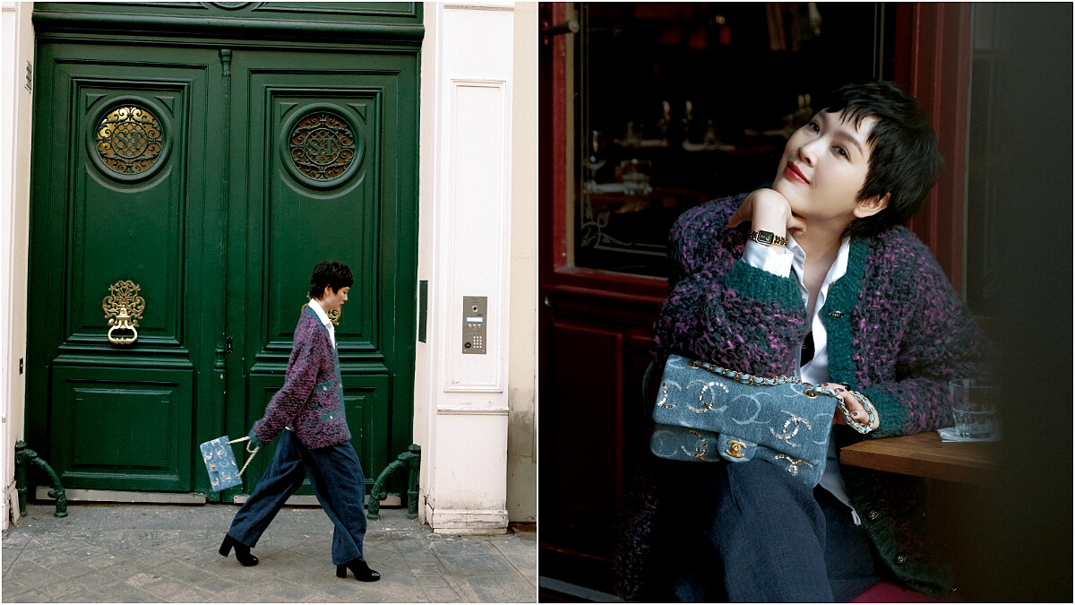 左、右／紫色毛呢針織衫、黑色粗跟踝靴、雙C Logo丹寧口蓋包Premi&egrave;re原創款腕錶、Coco Crush窄版戒指、Coco Crush Toi et Moi戒指小型款，all by CHANEL；彩妝，CHANEL Beauty；白色襯衫、深色寬鬆長褲，導演私物。