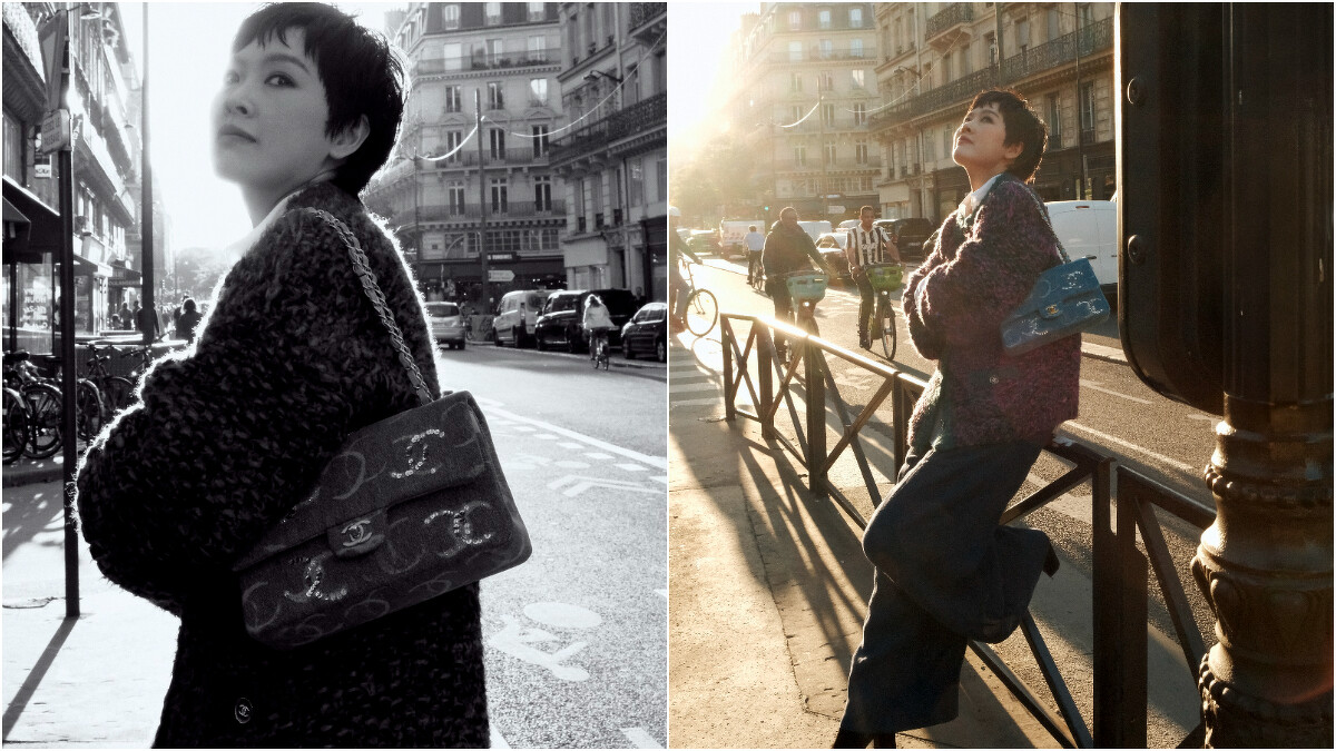 左、右／紫色毛呢針織衫、黑色粗跟踝靴、雙C Logo丹寧口蓋包Premi&egrave;re原創款腕錶、Coco Crush窄版戒指、Coco Crush Toi et Moi戒指小型款，all by CHANEL；彩妝，CHANEL Beauty；白色襯衫、深色寬鬆長褲，導演私物。